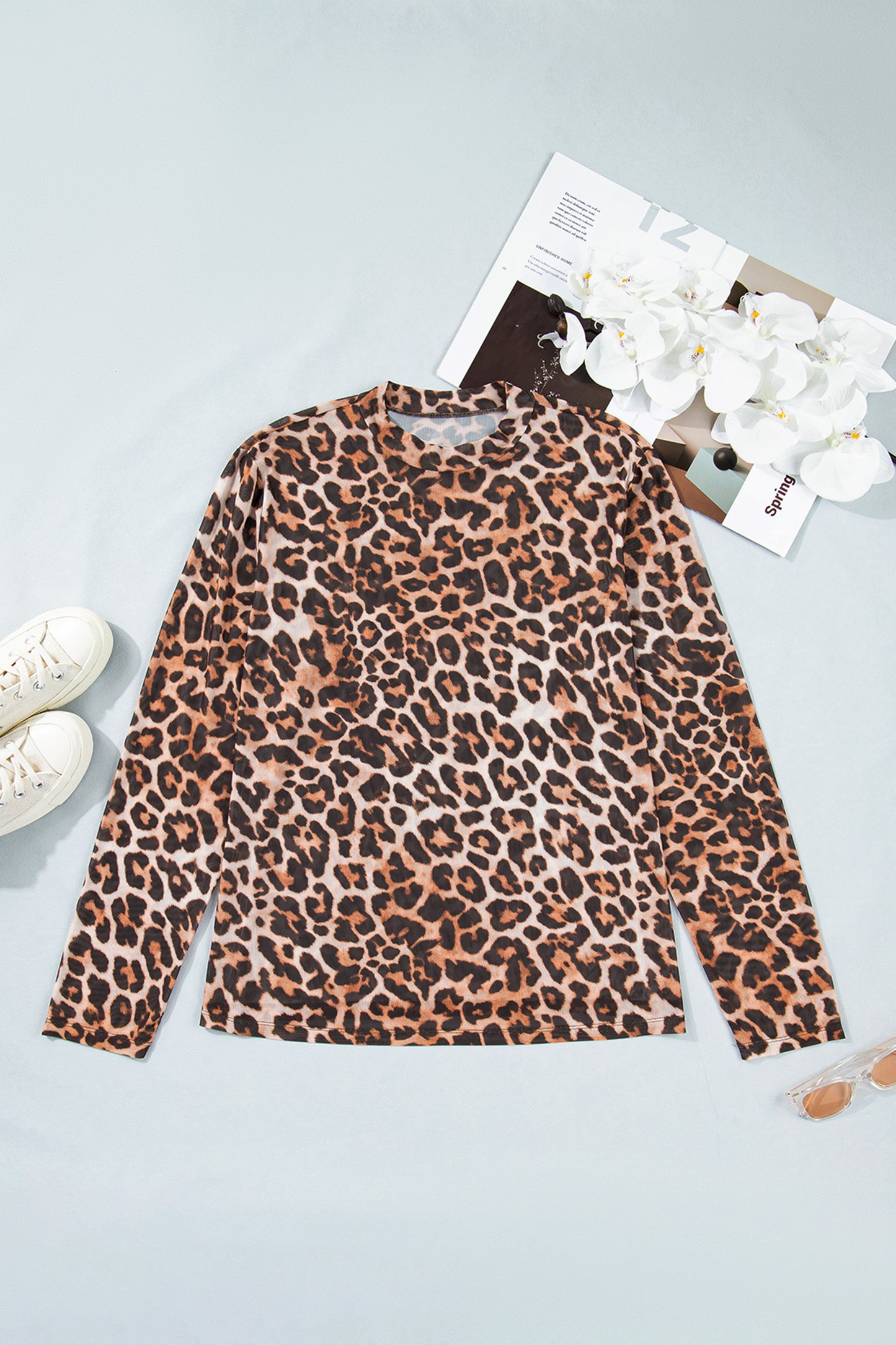 Brown Plus Size Mock Neck Leopard Mesh Top